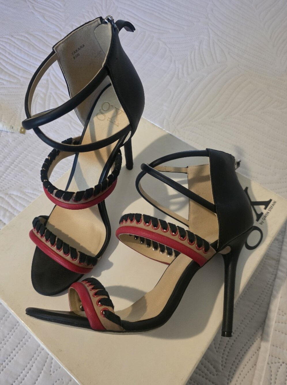 GX Gwen Stefani Black and Red Strappy Stiletto Sandals